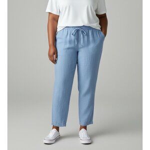 Talbots 1X Linen Wide Leg Pants Blue Pull On Elastic Waist Full Length Coastal